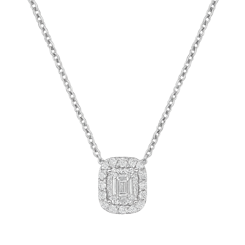 Emerald Cut Diamond Pendant set with smaller round diamonds | Hero