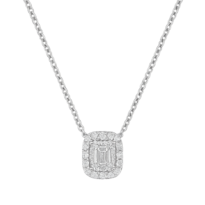 Emerald Cut Diamond Pendant set with smaller round diamonds | Hero