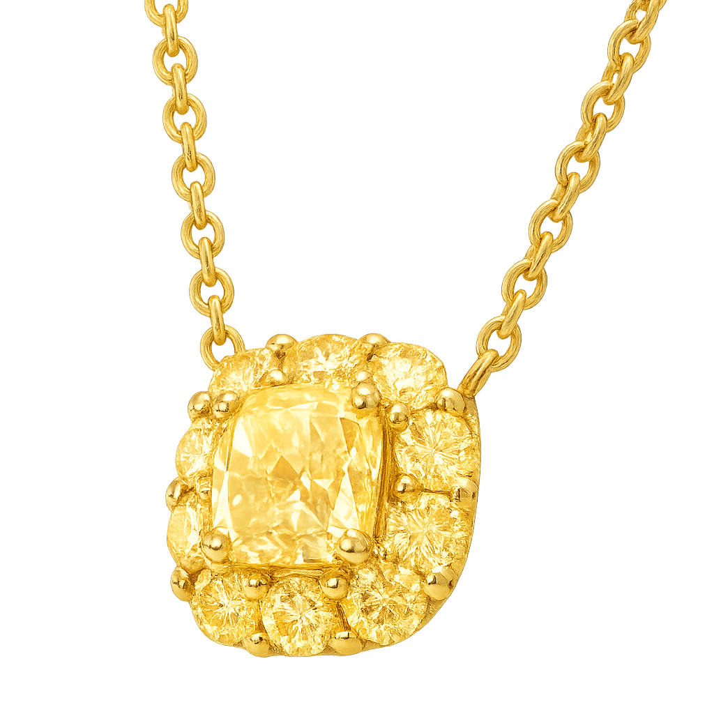 Cushion Cut Yellow Diamond Pendant set with small yellow diamonds | Hero