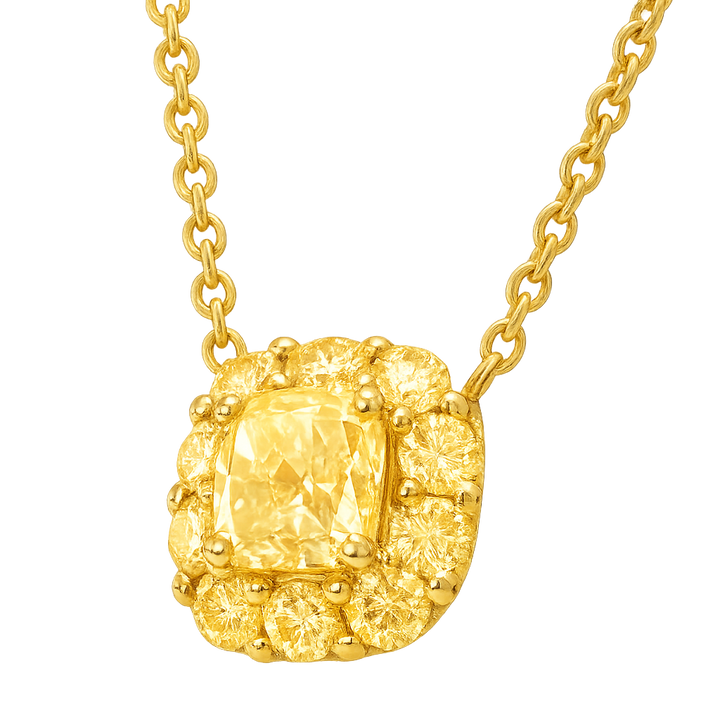 Cushion Cut Yellow Diamond Pendant set with small yellow diamonds | Hero