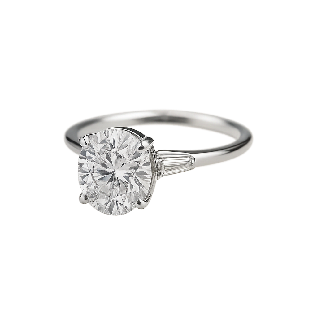 Round diamond set with tapered baguettes on the band | undefined