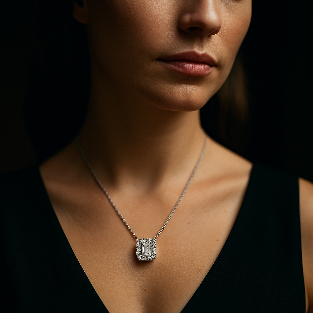 Emerald Cut Diamond Pendant set with smaller round diamonds in 18k white gold | undefined