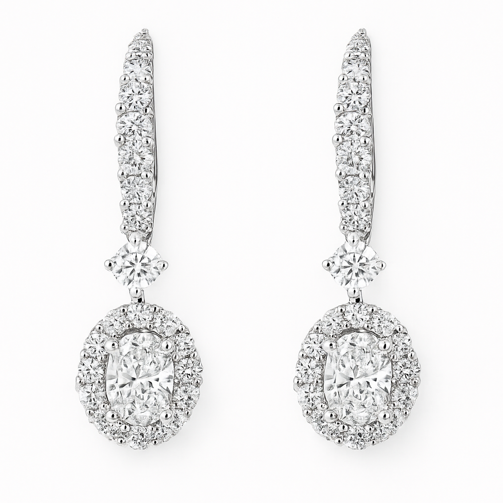 Oval Shape Diamond Earrings with Halo Cluster | Hero