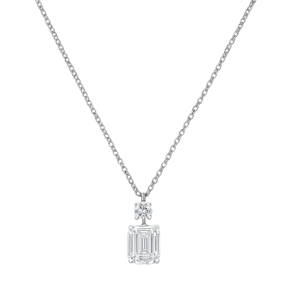 Emerald Cut Diamond Pendant set with a small round diamond with a chain | undefined