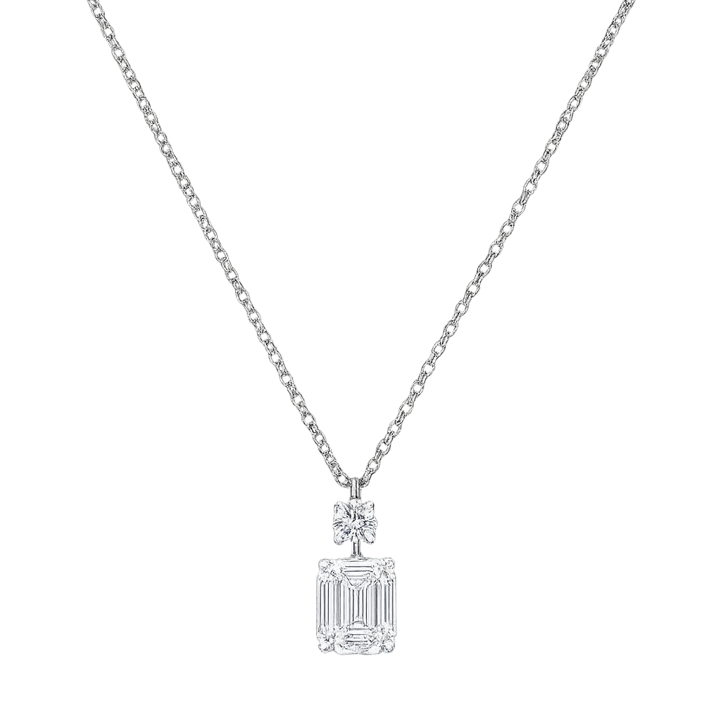 Emerald Cut Diamond Pendant set with a small round diamond with a chain | undefined
