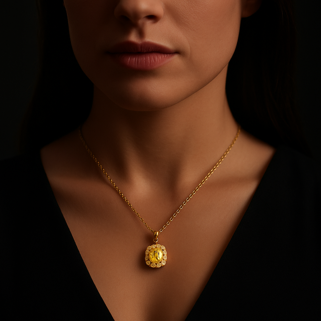 Cushion Cut Yellow Diamond Pendant set with small yellow diamonds | ChatGPT Image Jun 18, 2025, 07_32_54 PM.png