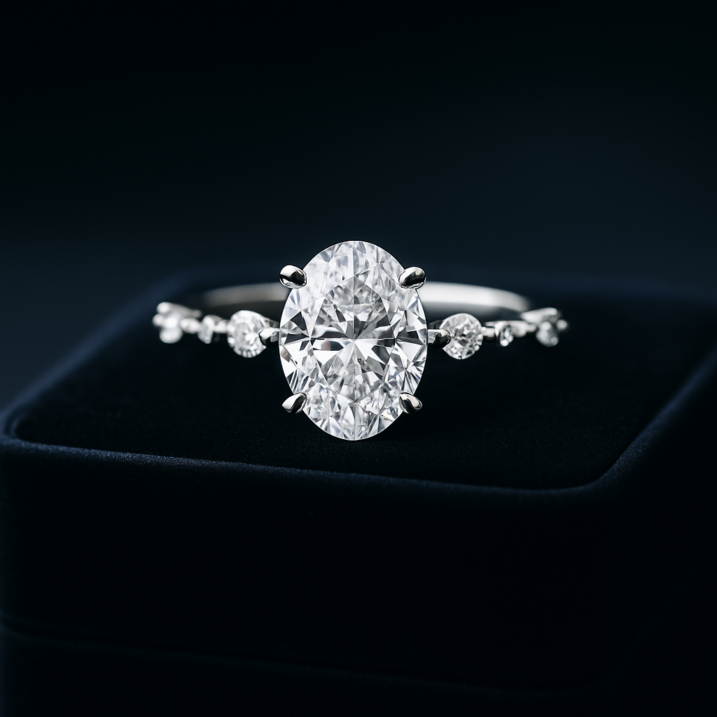 Oval diamond ring set with smaller round diamonds | ChatGPT Image Jun 18, 2025, 11_53_12 AM.png