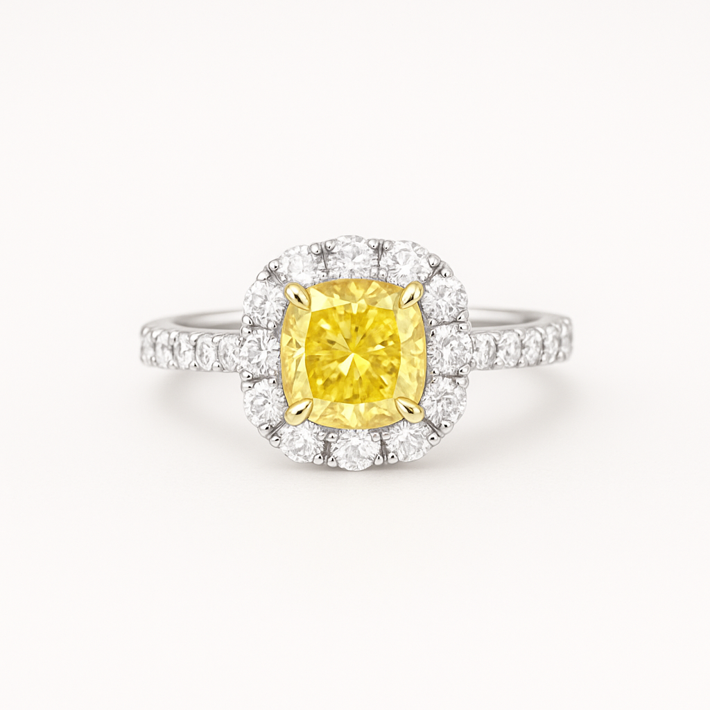 Icon Cushion Cut Yellow and White Diamond Ring | Hero.png