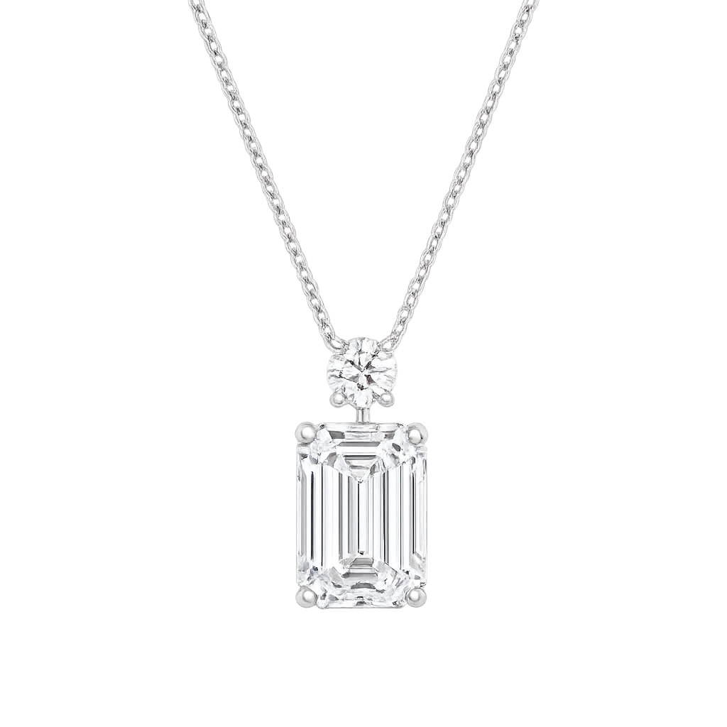 Emerald Cut Diamond Pendant set with a small round diamond with a chain | Hero.png