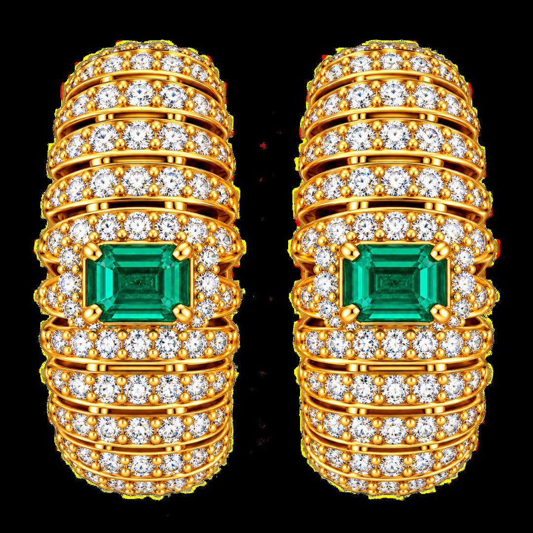 Resort Collection- Lab Emerald and Diamond Hoops evening wear | Hero