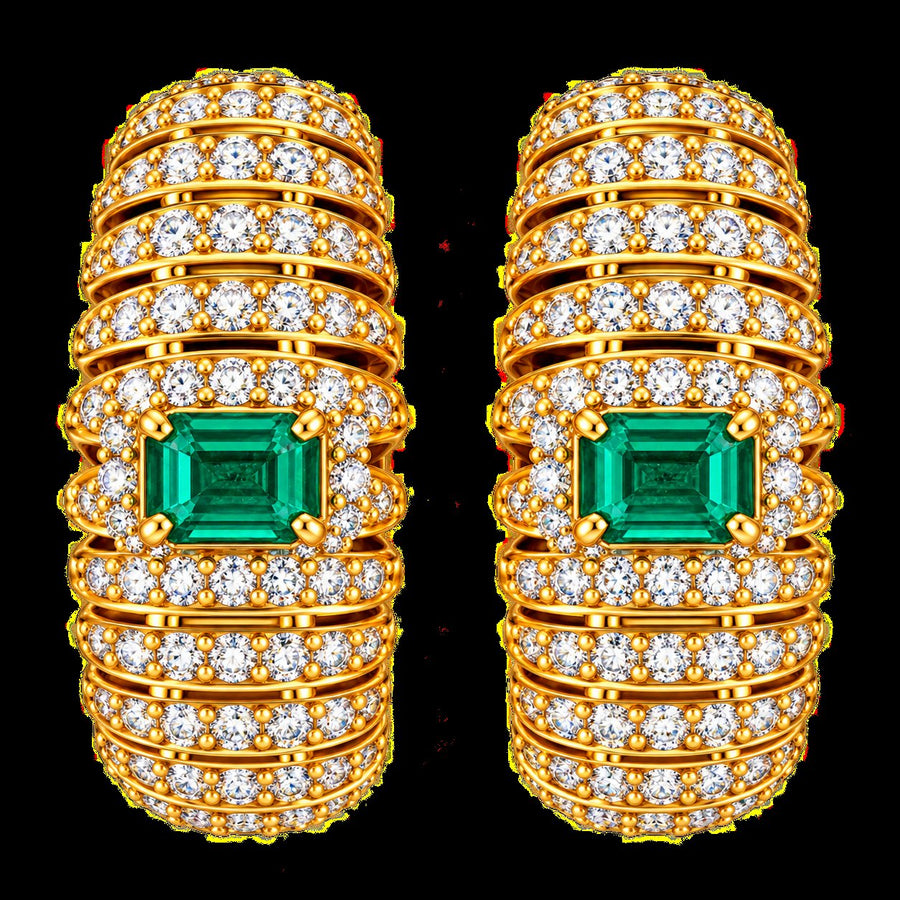 Resort Collection- Lab Emerald and Diamond Hoops evening wear | Hero