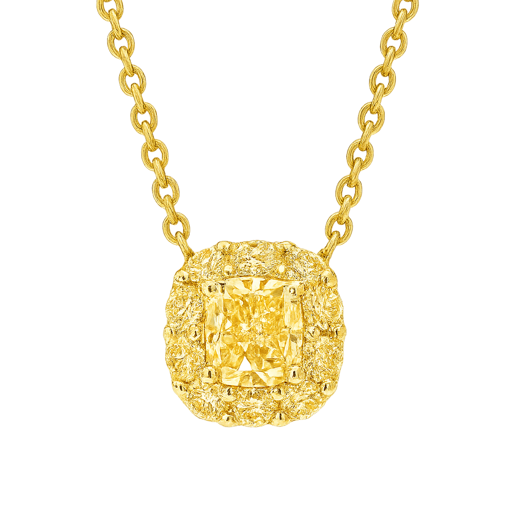 Cushion Cut Yellow Diamond Pendant set with small yellow diamonds | Hero.png