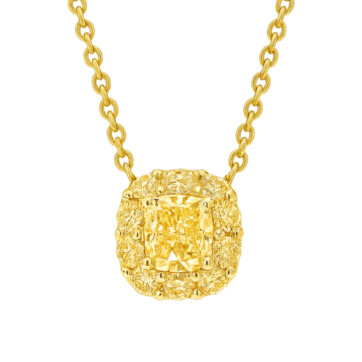 Cushion Cut Yellow Diamond Pendant set with small yellow diamonds | Hero.png