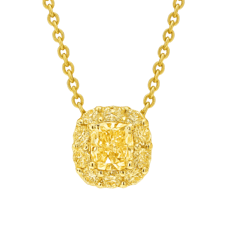 Cushion Cut Yellow Diamond Pendant set with small yellow diamonds | undefined