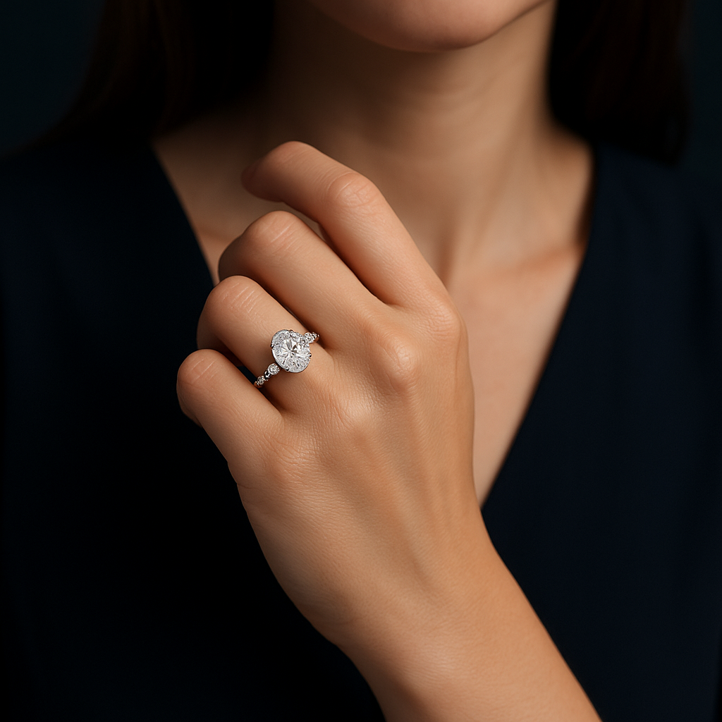 Oval diamond ring set with smaller round diamonds | undefined