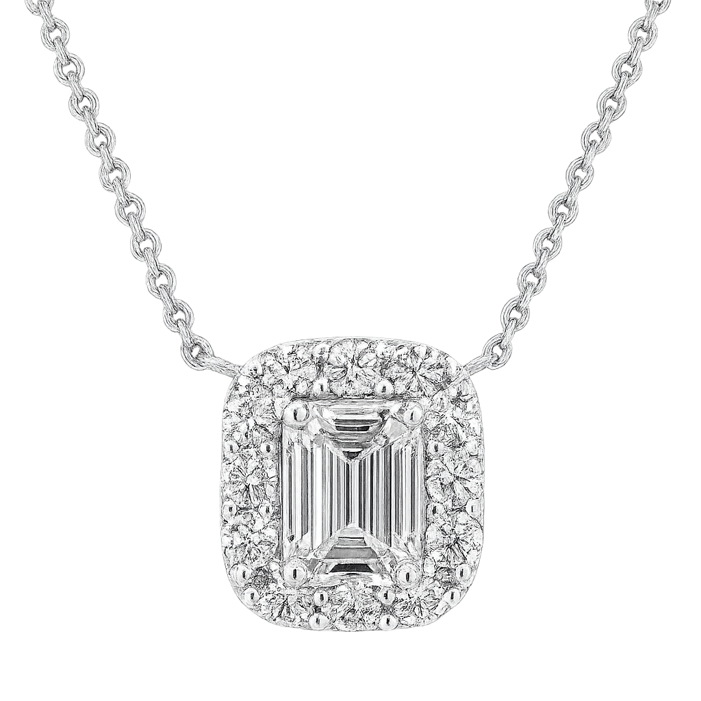 Emerald Cut Diamond Pendant set with smaller round diamonds in 18k white gold | undefined
