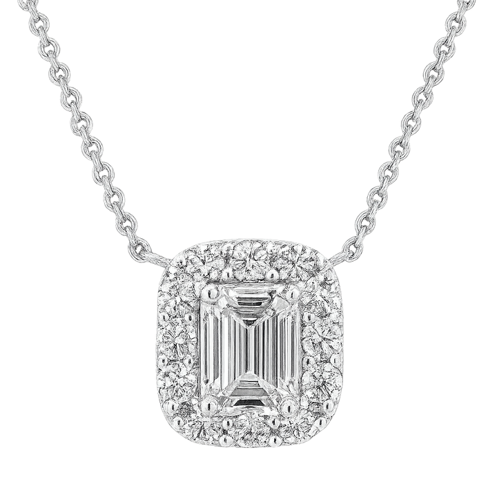 Emerald Cut Diamond Pendant set with smaller round diamonds in 18k white gold | undefined