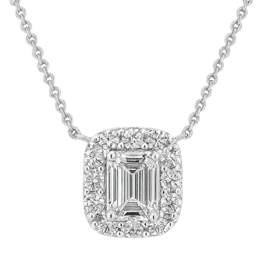 Emerald Cut Diamond Pendant set with smaller round diamonds in 18k white gold | undefined