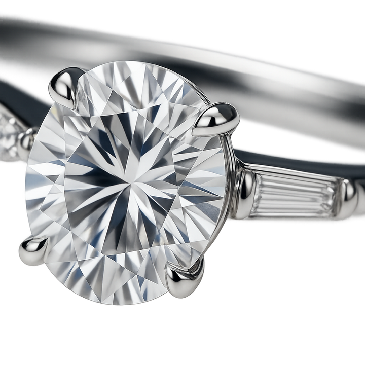 Round diamond set with tapered baguettes on the band | undefined