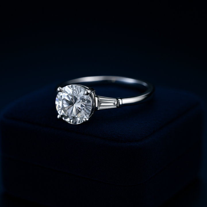 Round diamond set with tapered baguettes on the band | Hero