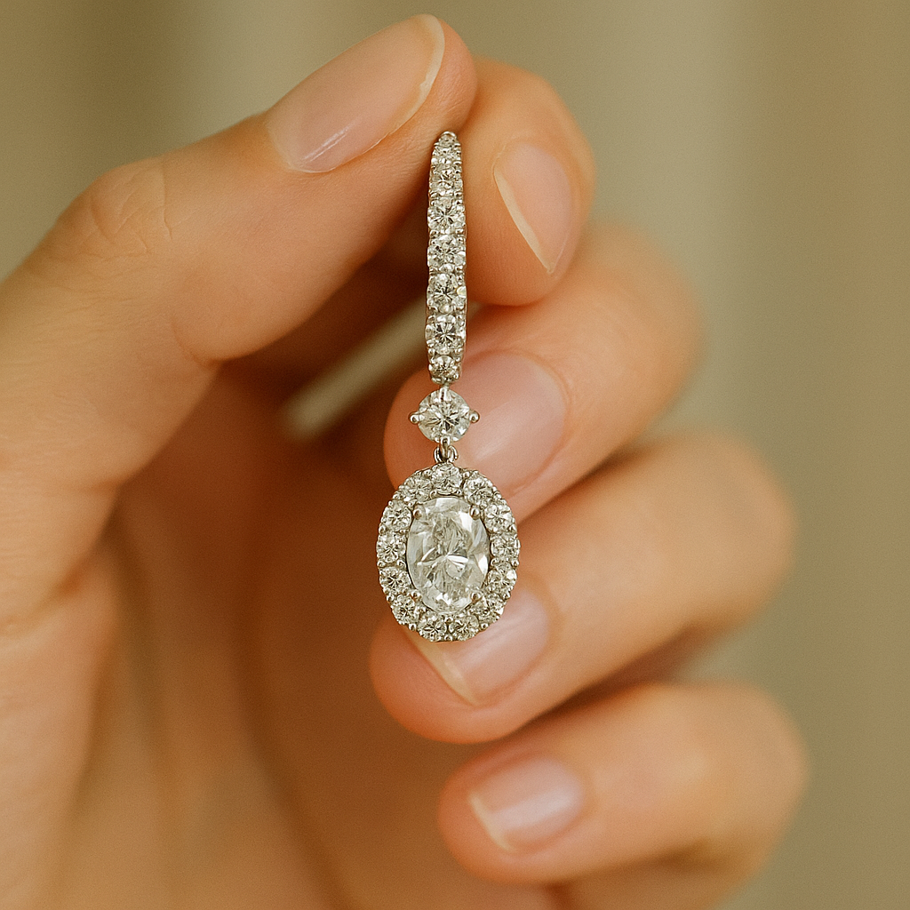 Oval Shape Diamond Earrings with Halo Cluster | undefined