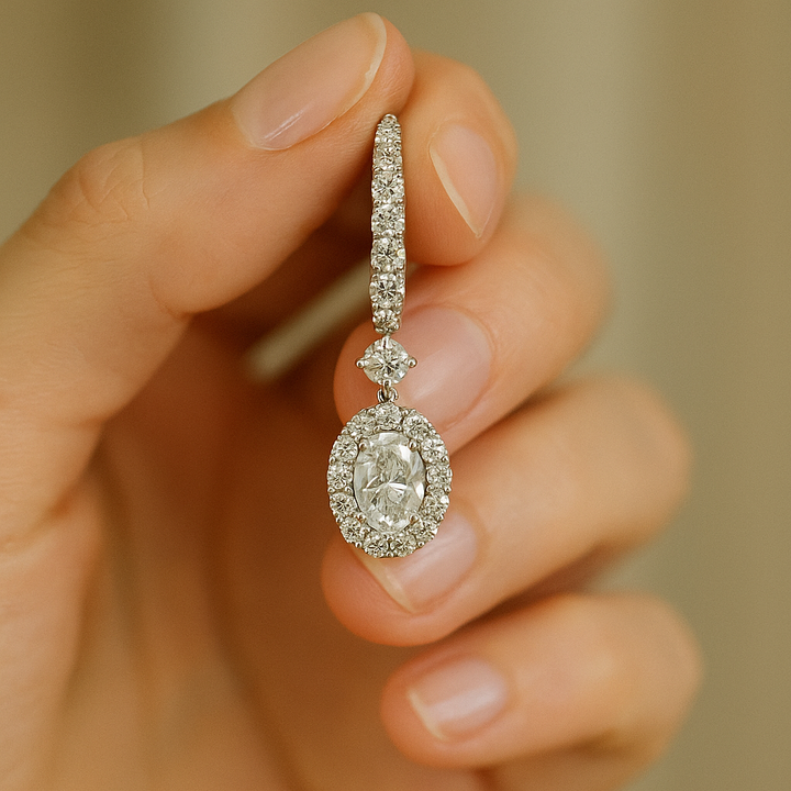 Oval Shape Diamond Earrings with Halo Cluster | undefined