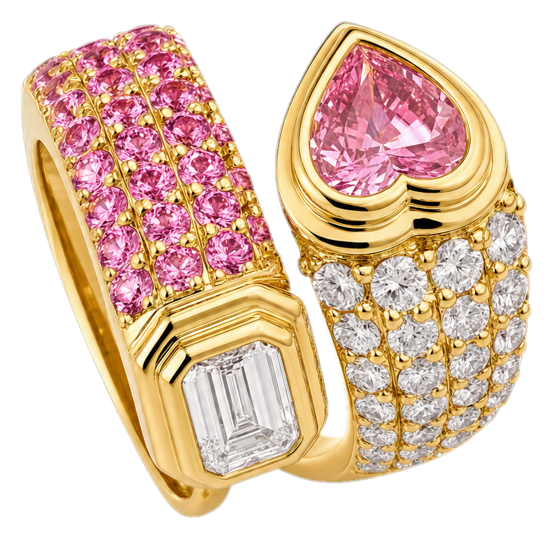 Pink Heart and Emerald Diamond crossover Ring | ring_view2_angle_transparent.png