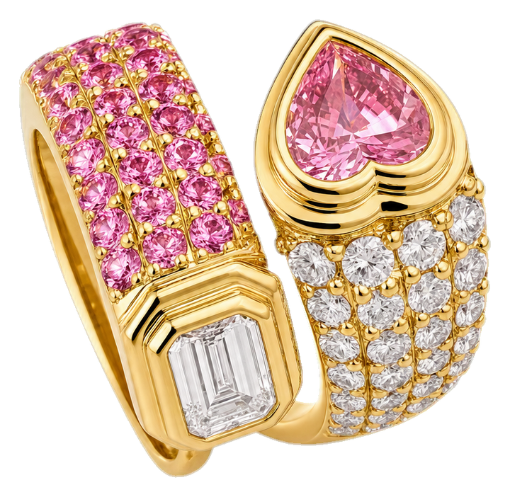 Pink Heart and Emerald Diamond crossover Ring | ring_view2_angle_transparent.png